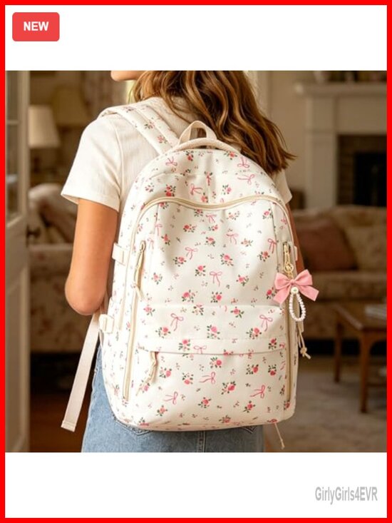 Cute Floral Bow Backpack Aesthetic Preppy Backpack for Women Lightweight Casual
